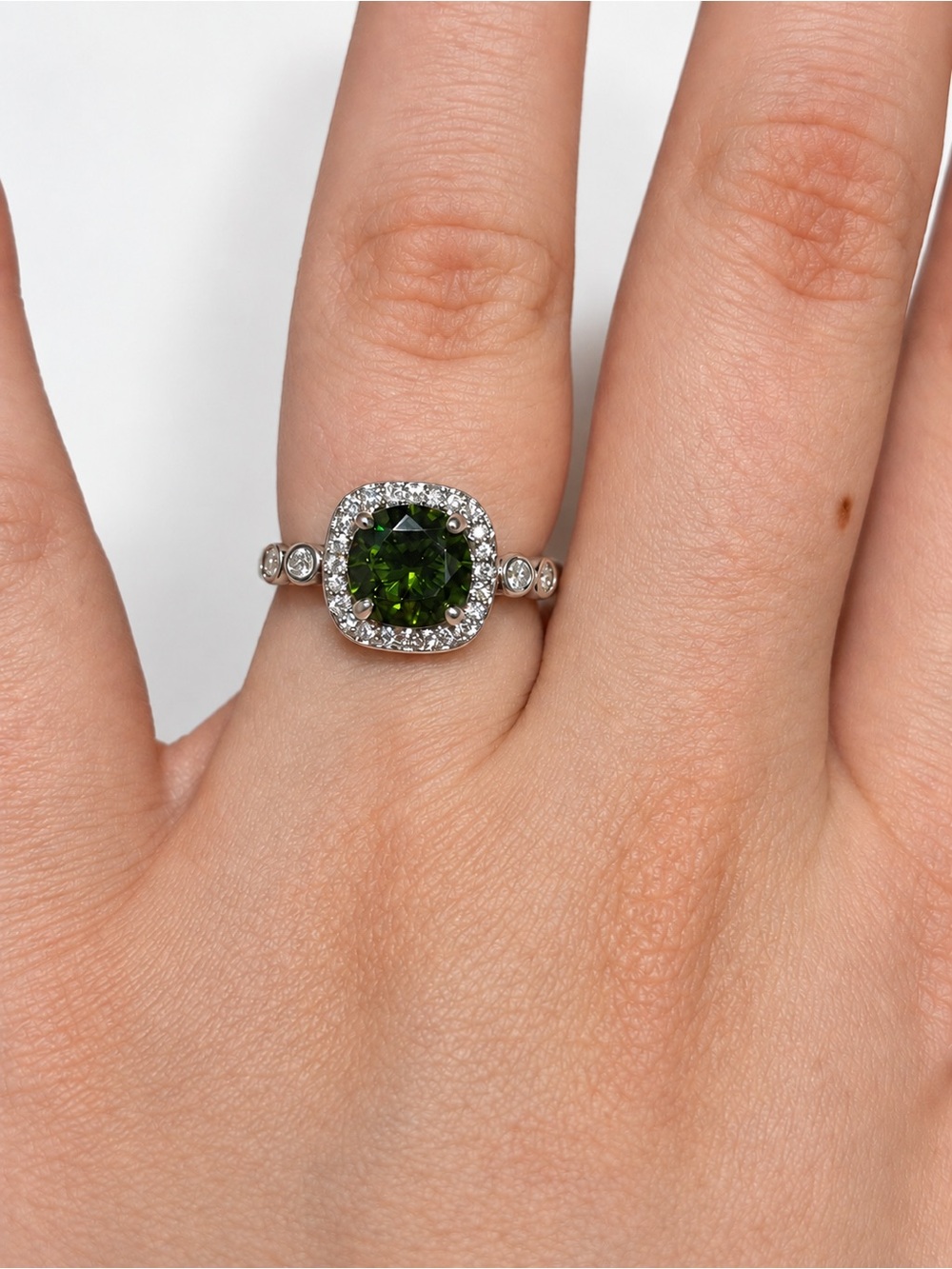 Green Halo Ring with CZ Accents